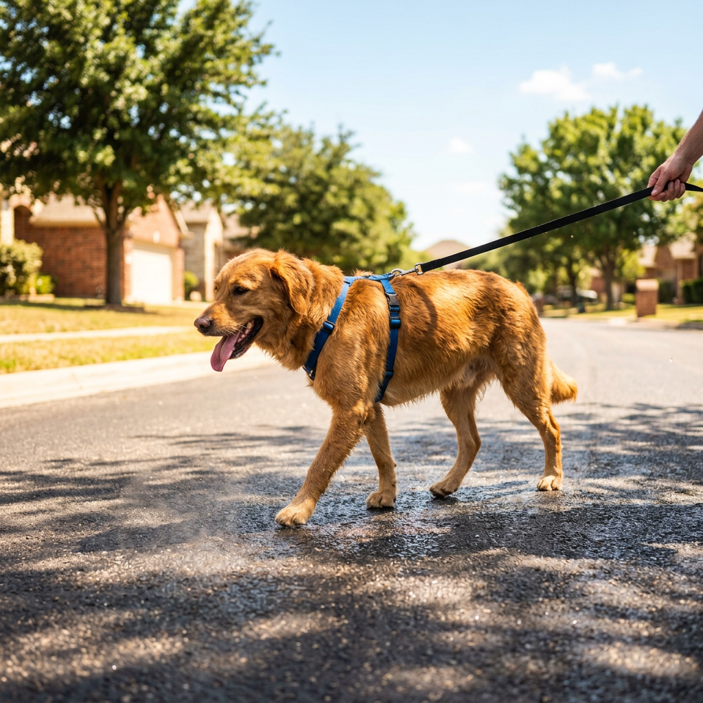Golden retriever on leash walking down a residential street Summer Pet Heat Safety